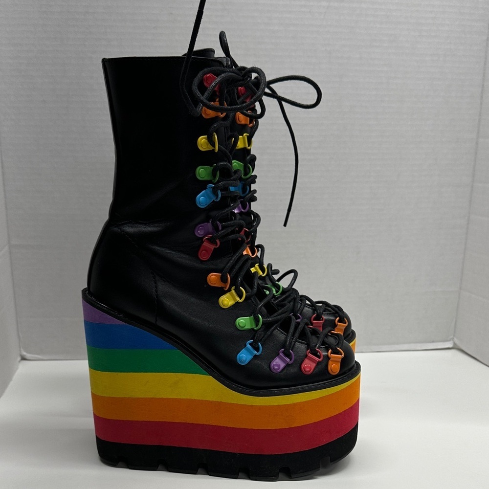 Dolls Kill Club Exx Rainbow Platform Boots Lace Up Heeled Boots Colorful Size 6 - Picture 2 of 12